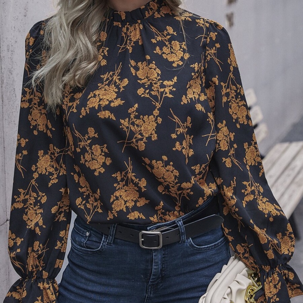 Boho floral print ruffle classic top black blouse - Picture 3 of 6